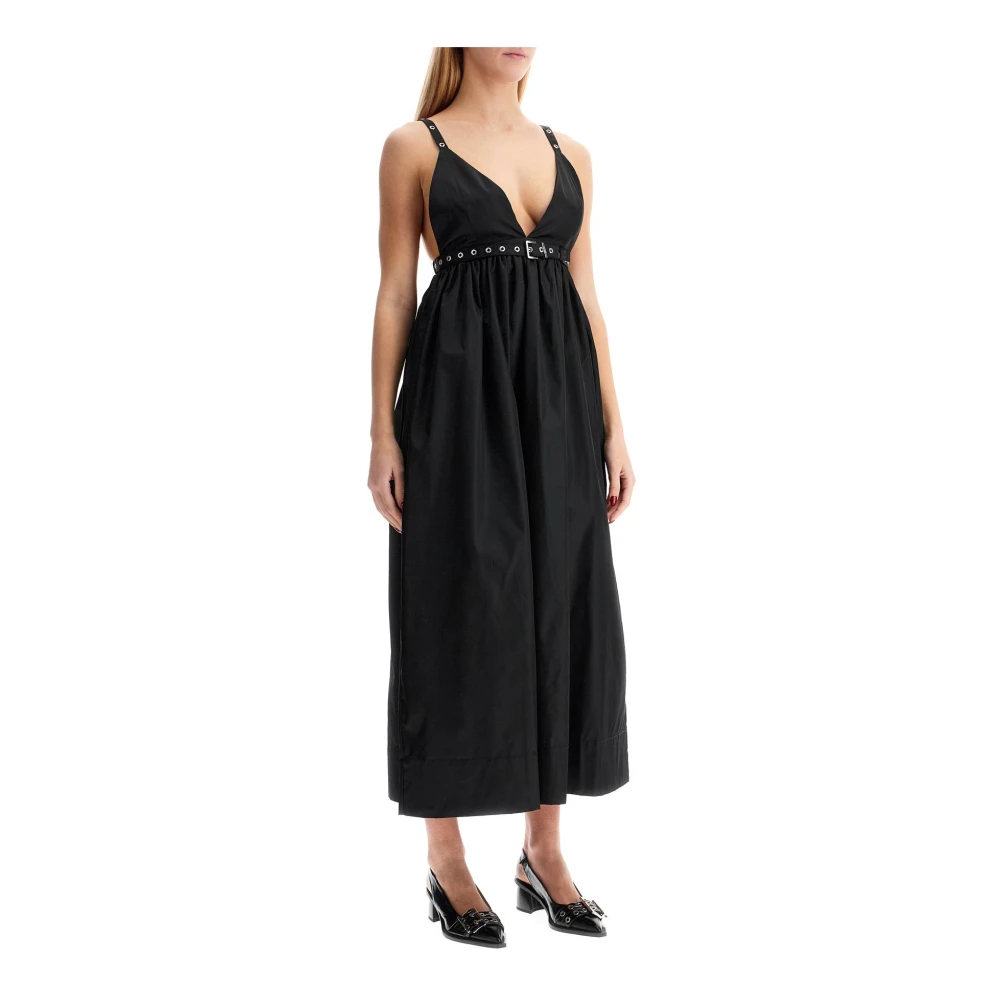 Ganni Nylon Midi Jurk met Verstelbare Bandjes Black Dames