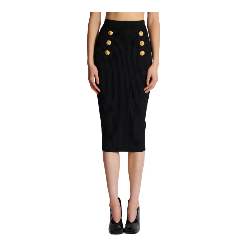 Balmain Midi Gebreide Rok met Knopen Black Dames