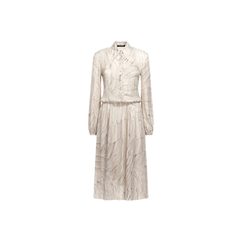 Roberto Cavalli White Midi Dresses, Female, 2XS, Ice Feathers Print Midi Dress