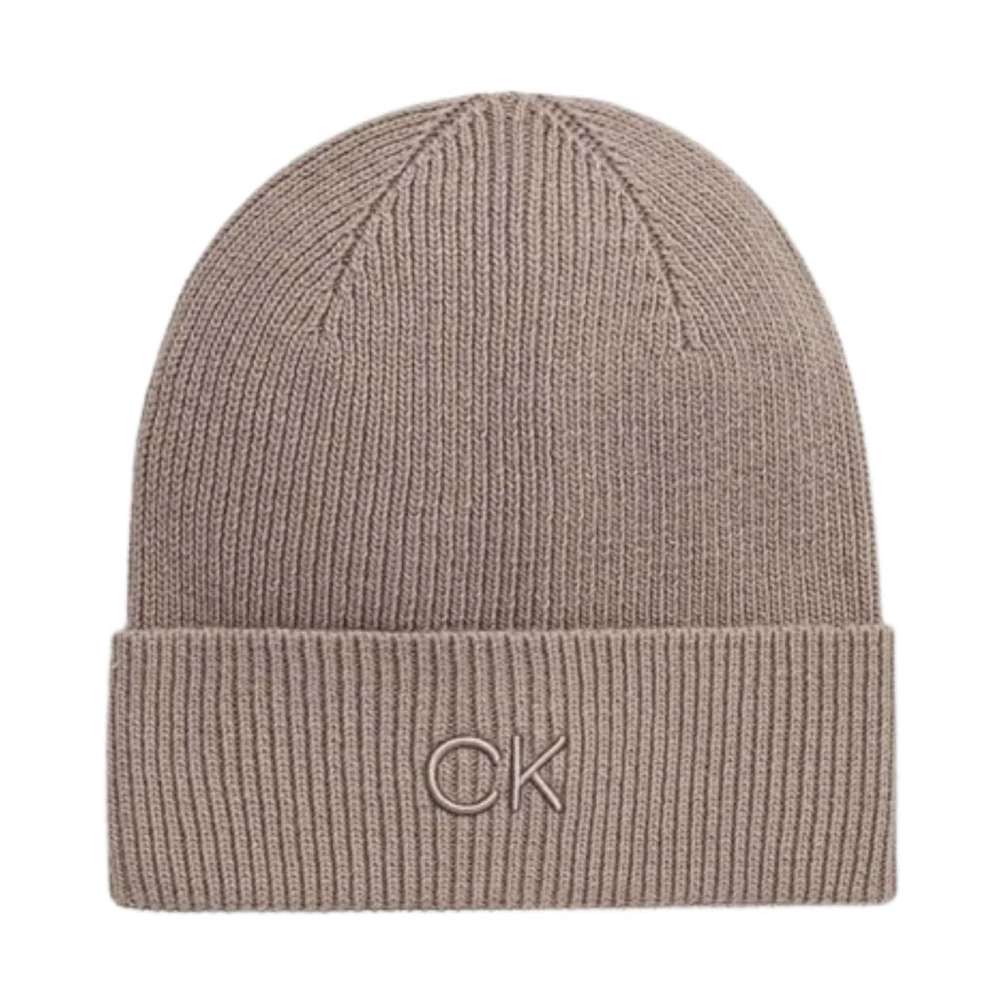 Calvin Klein Geborduurde Fijne Rib Beanie Hoed Beige Dames