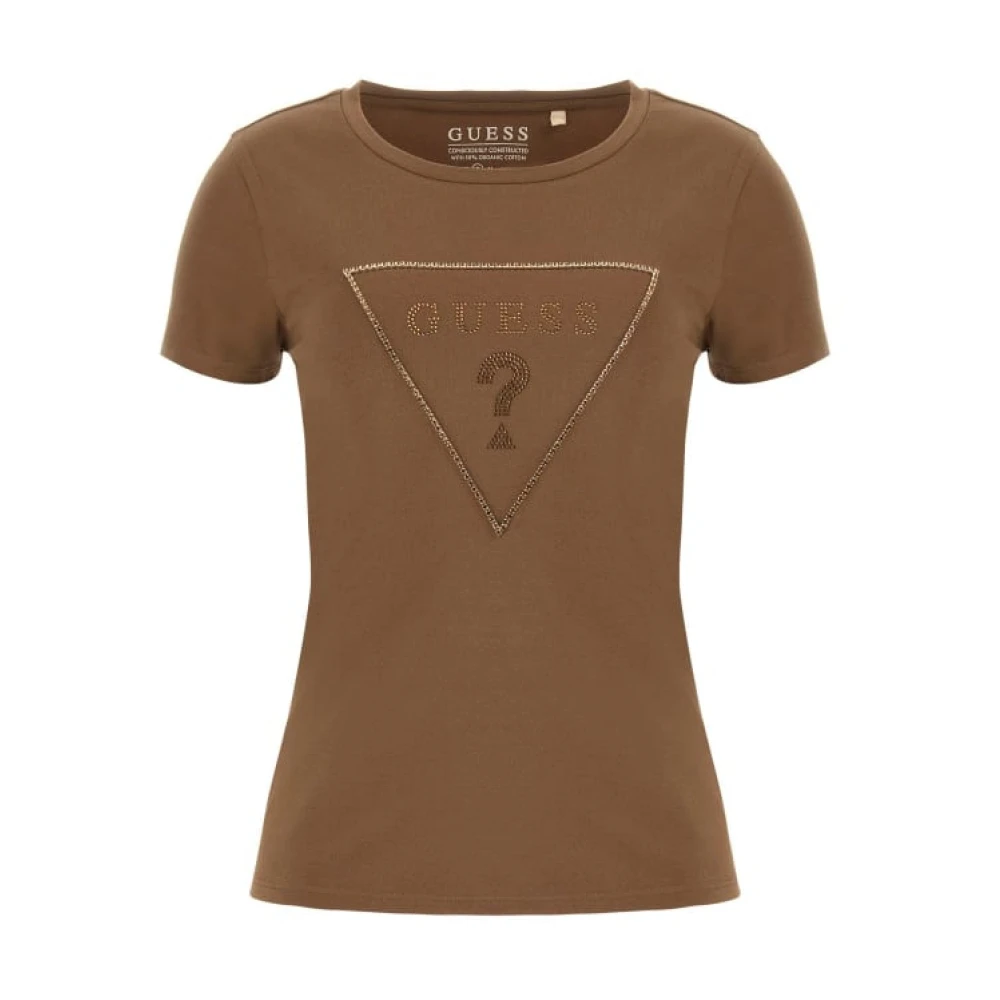 Guess Katoen Logo T-shirt Rechte pasvorm Brown Dames