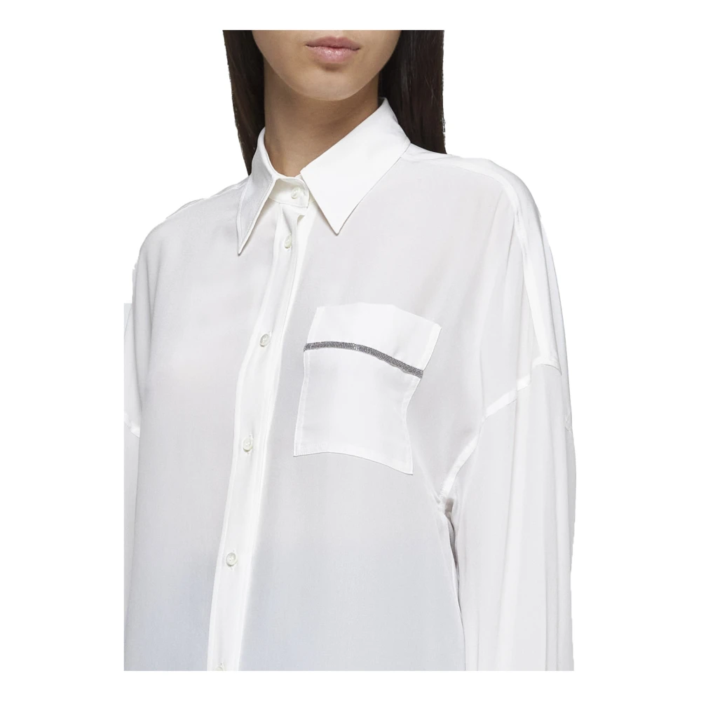 BRUNELLO CUCINELLI Natuurlijke Zijden Lange Blouse Puntkraag White Dames