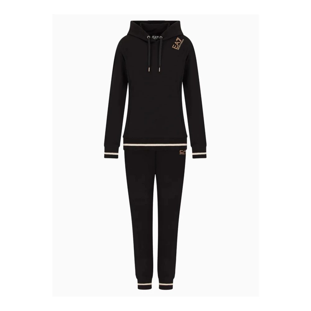 Emporio Armani EA7 Svart Bomull Stretch Hoodie Jogger Set Black, Dam