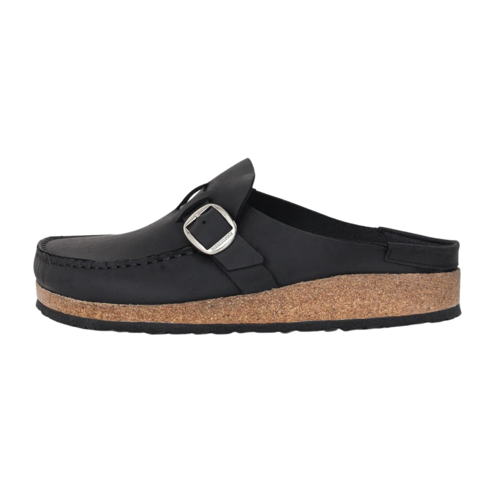 Birkenstock Zwarte suède mocassin stijl sandaal met grote gesp Black Dames