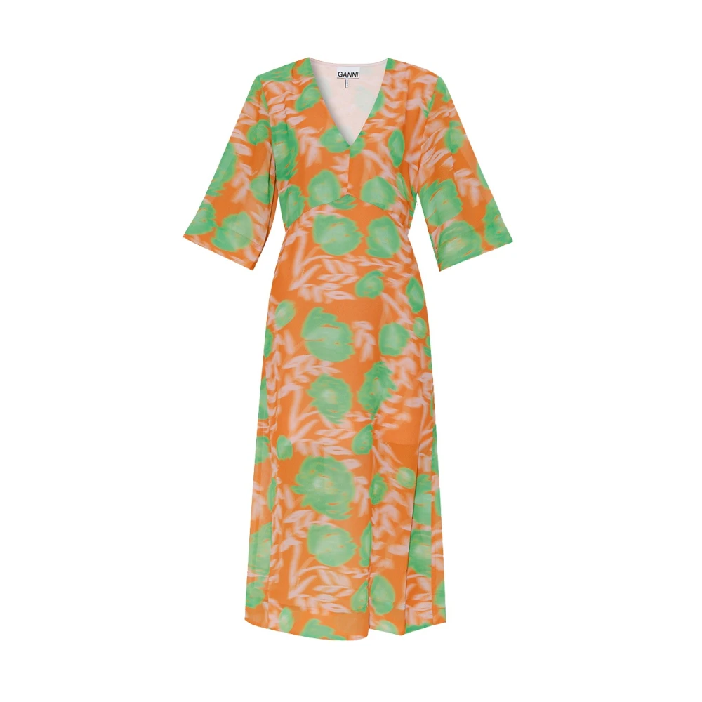 Ganni Women's Orange Dress With Floral Motif