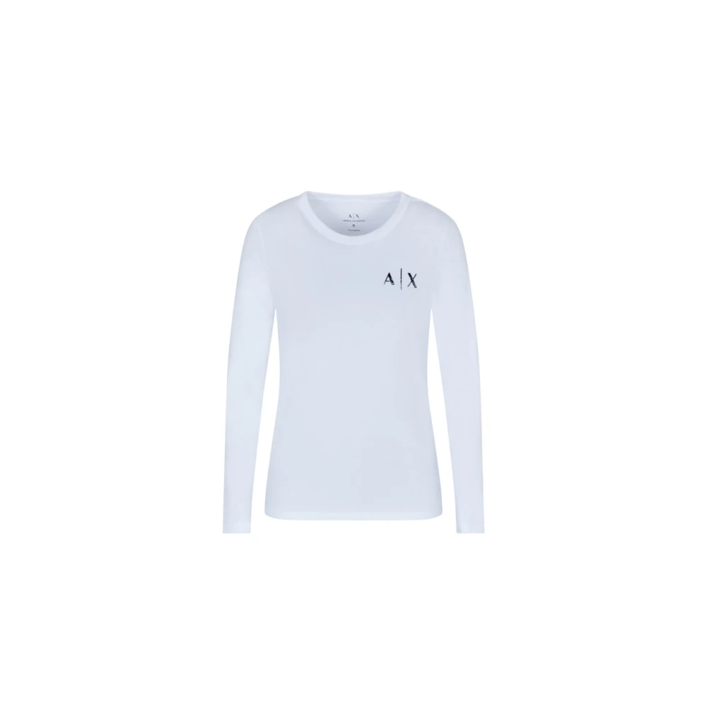 Armani Exchange Women's White Long Sleeve T-Shirts, Xs, T-Shirt Ml Logo Brillantino Lato Cuore