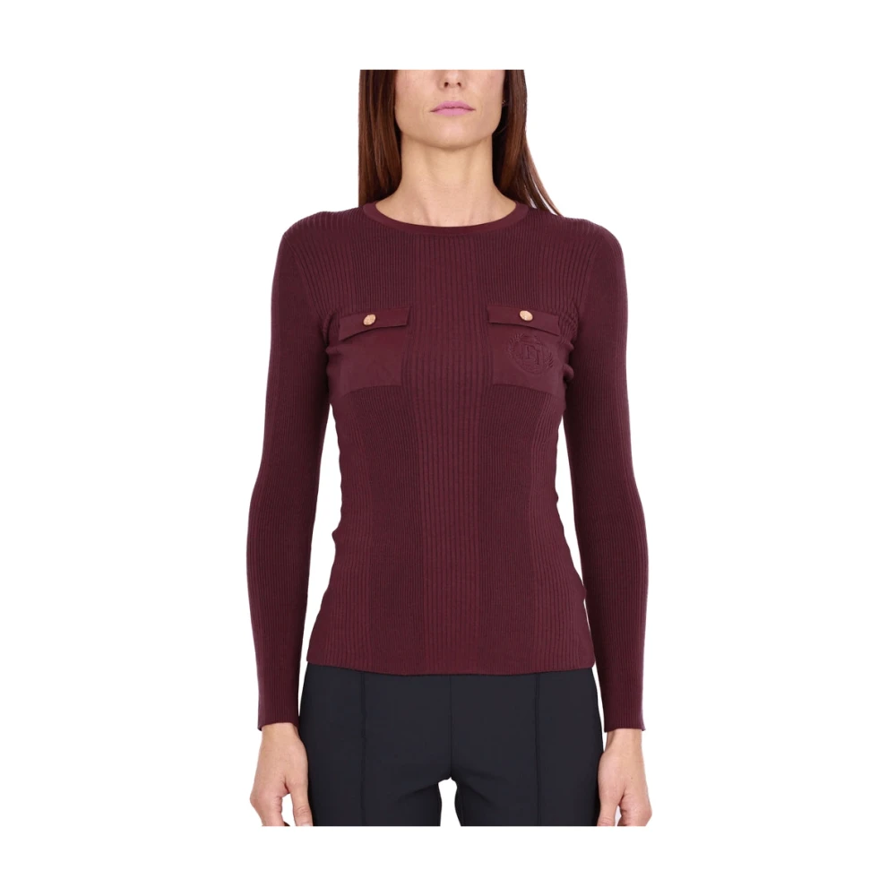 Elisabetta Franchi Geribbelde zijdeblend ronde hals top Bordeaux Red Dames
