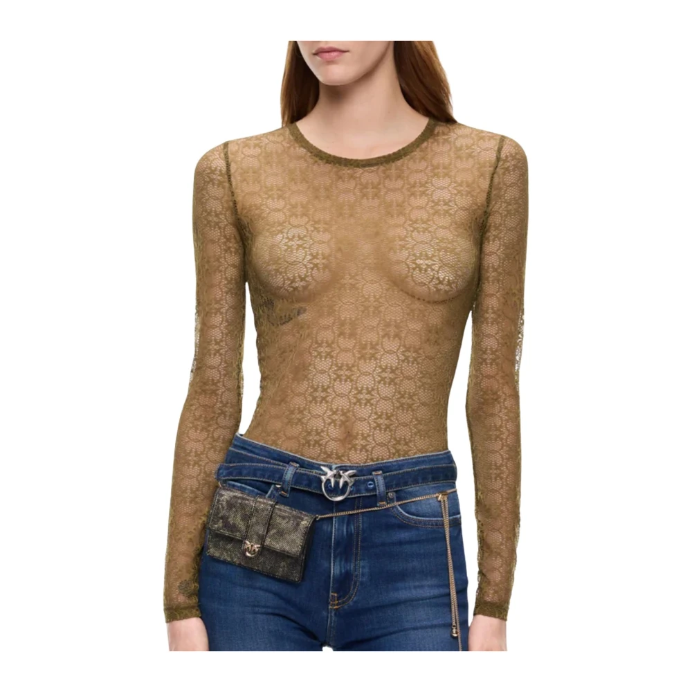 Pinko , Long Sleeve T-Shirts, Female, Green, M, Punto Rover Maglia Pizzo Stretch