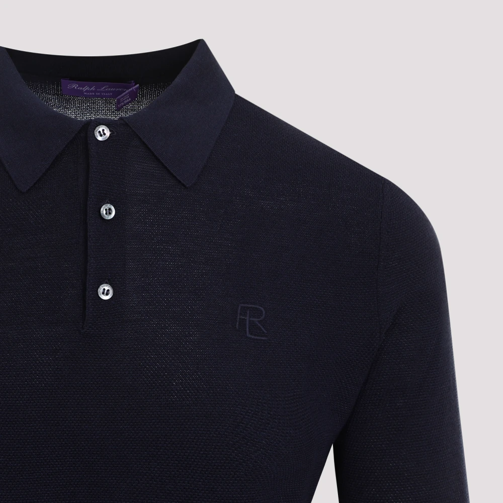 Ralph Lauren Lange Mouw Marineblauwe Zijde-Katoen Polo Blue Heren