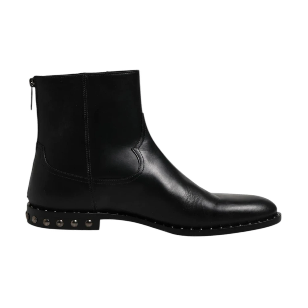 Dolce & Gabbana Men's Black Studded Leather Ankle Boots With Zipper