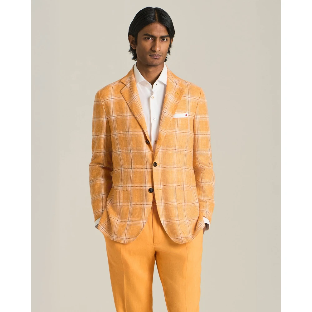 Kiton Geruite Cashmere Blend Blazer Orange Heren