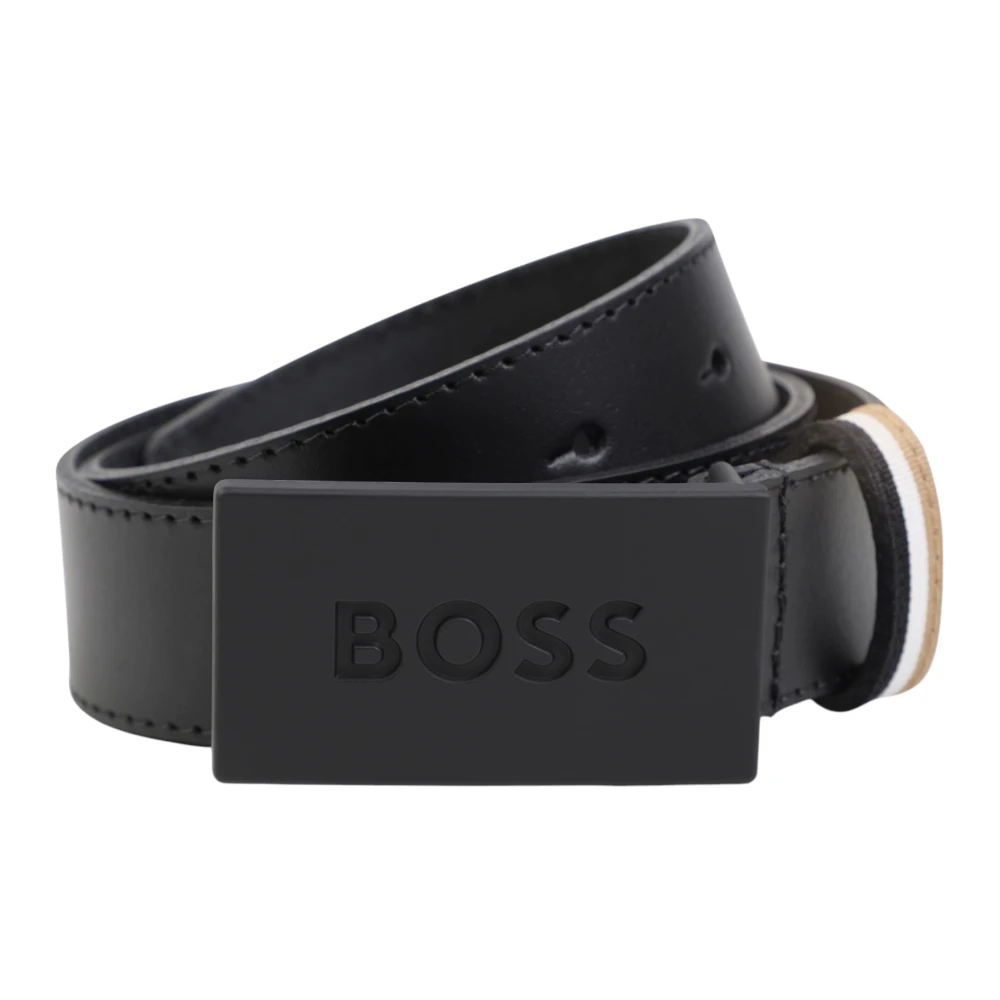 Hugo Boss Leren riem met reliëf metalen plaat Black Heren