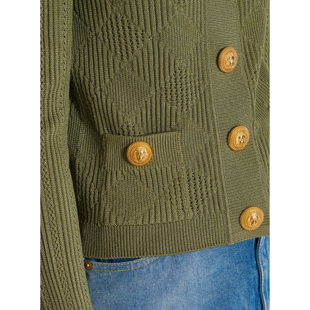 Balmain Gingham Openwork Knit Cardigan Green Dames