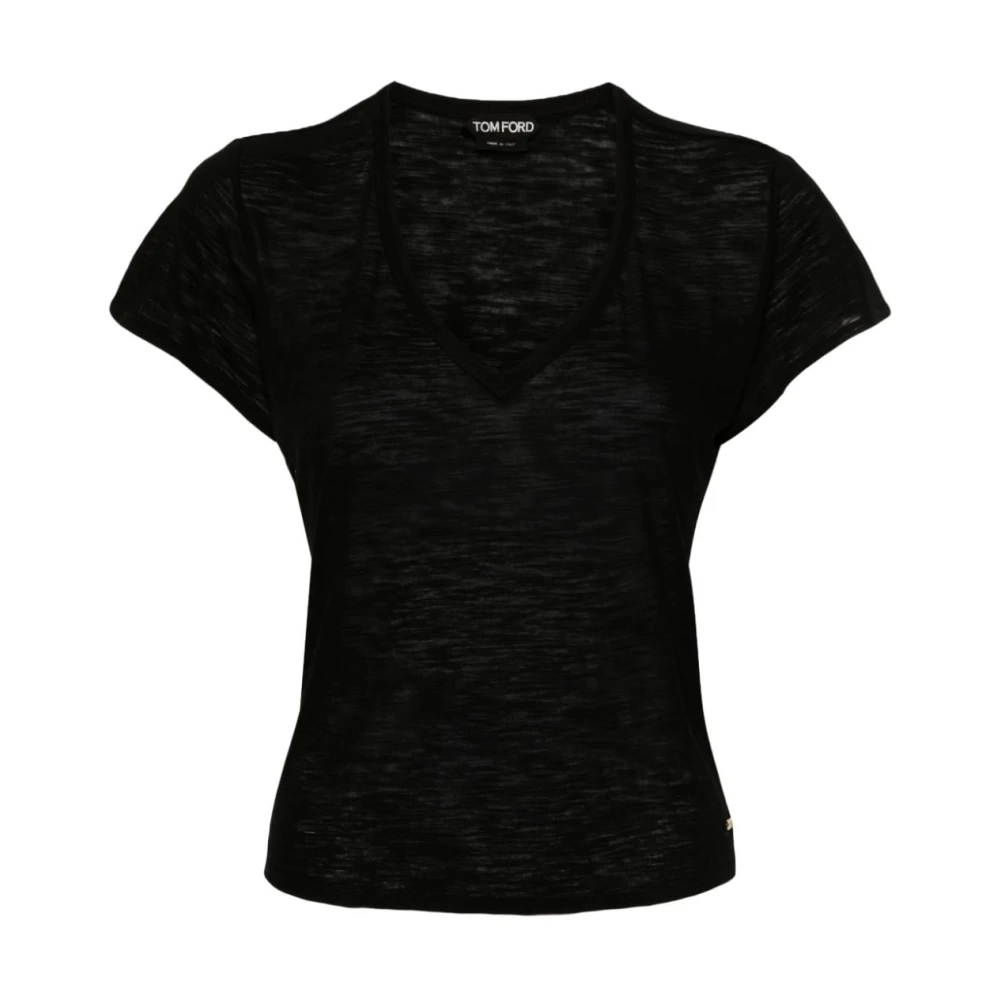 Tom Ford Zwarte Semi-Transparante T-shirt met Gouden Logo Black Dames