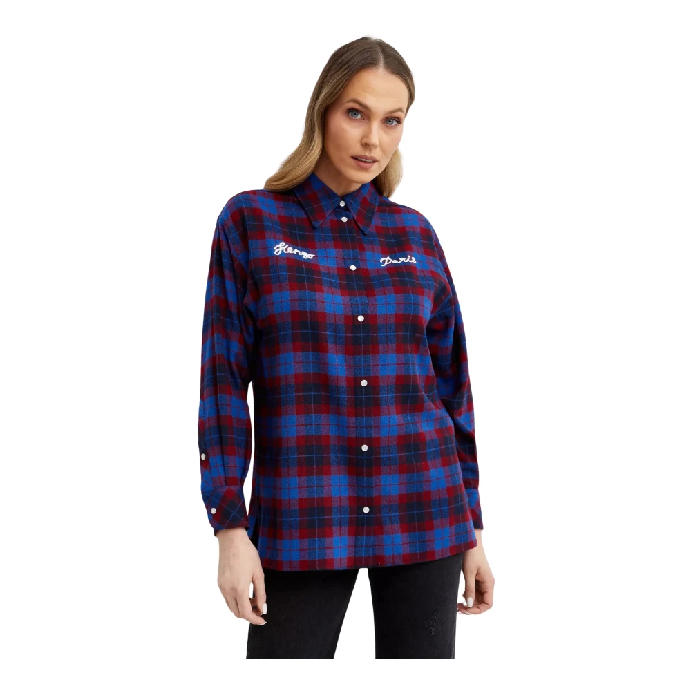 Kenzo Geruite Oversized Shirt Rue Vivienne Blue Dames