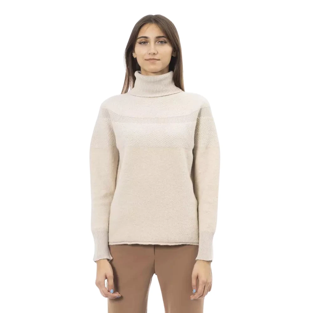 Alpha Studio Trui Lange Mouw Geribbelde Zoom Beige Dames