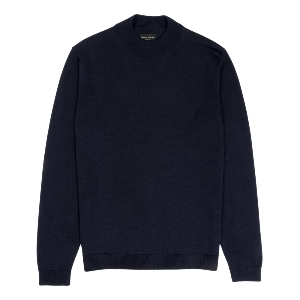 Roberto Collina Navy Merino Wool Mockneck Sweater Blue Heren