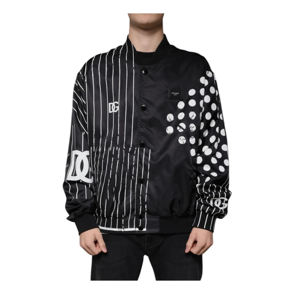 Dolce & Gabbana Men's Black Bomber Jackets, 4XL, Striped Polka Dot Bomber Jacket With Logo
