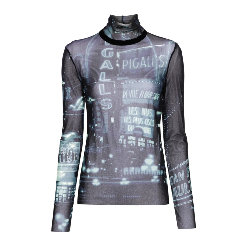 Jean Paul Gaultier Gedrukte Mesh Longsleeve Top Navy Lichtblauw Blue Dames