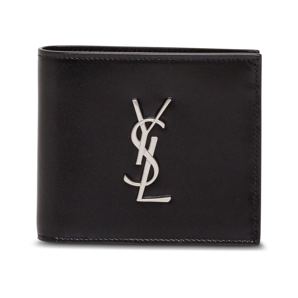 Saint Laurent Zwarte leren portemonnee met metallic logo Black Heren