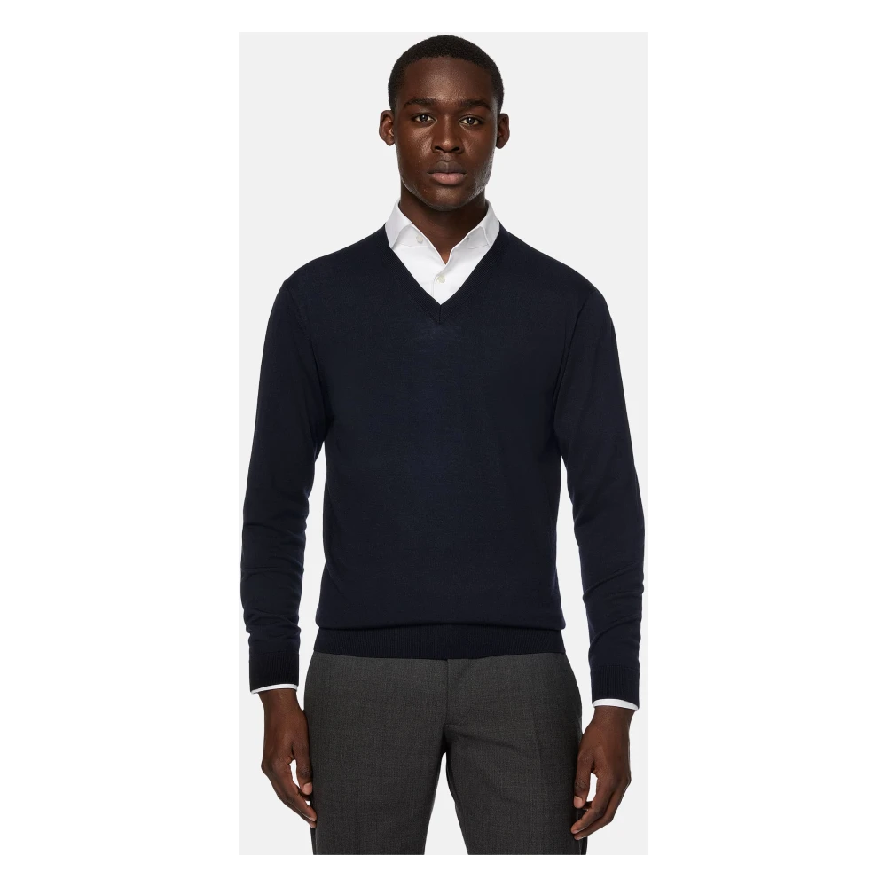 Boggi Milano Merino Wol V-hals Trui Blue Heren
