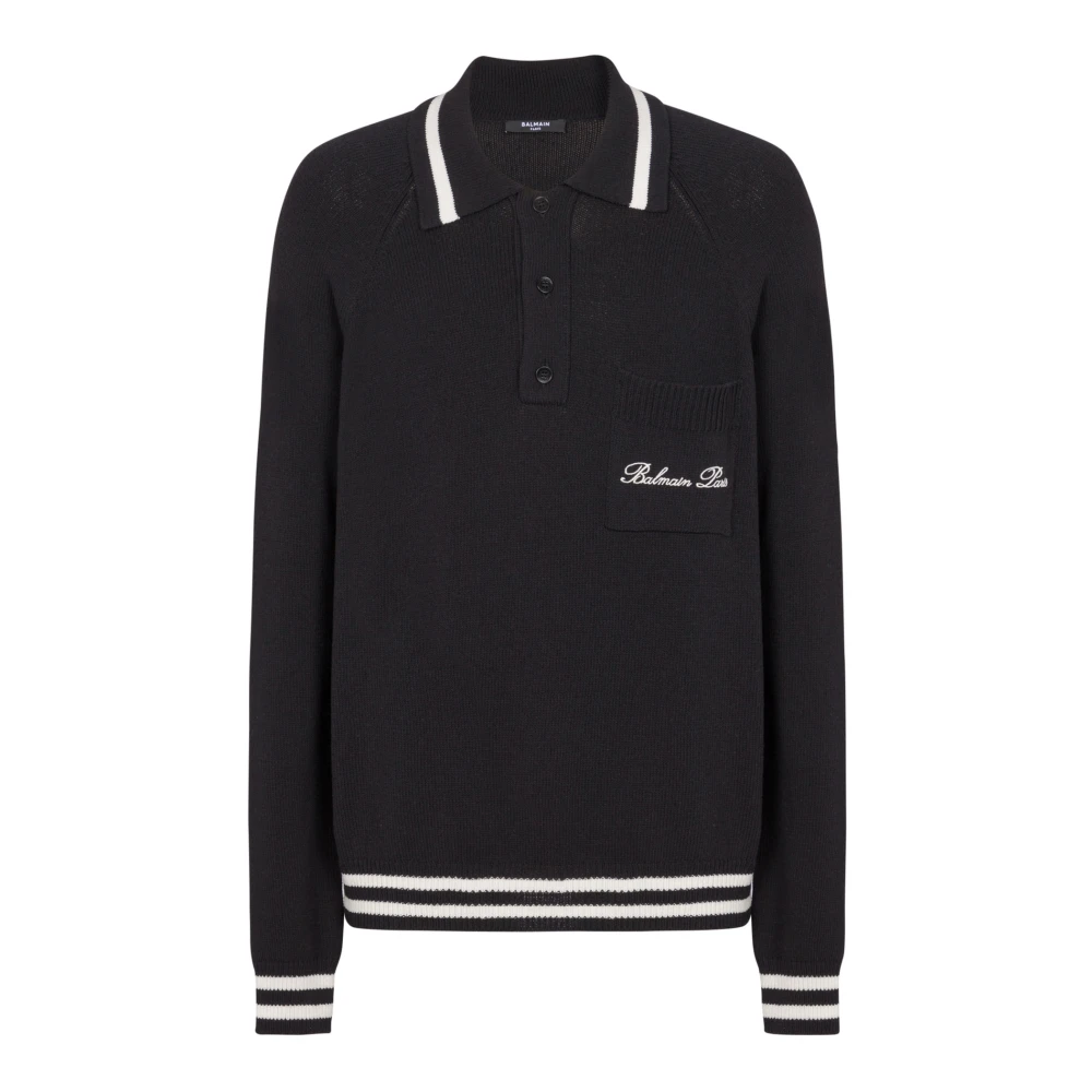 Balmain Lange mouwen wollen poloshirt met handtekeningborduursel Black Heren