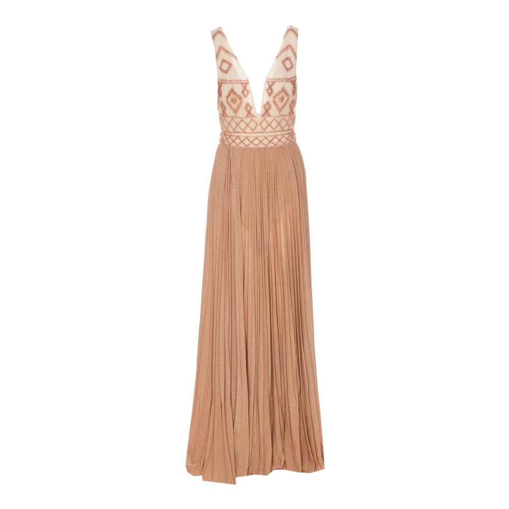 Elisabetta Franchi Beige Maxi Jurk met Tule en Kralen Detail Beige Dames