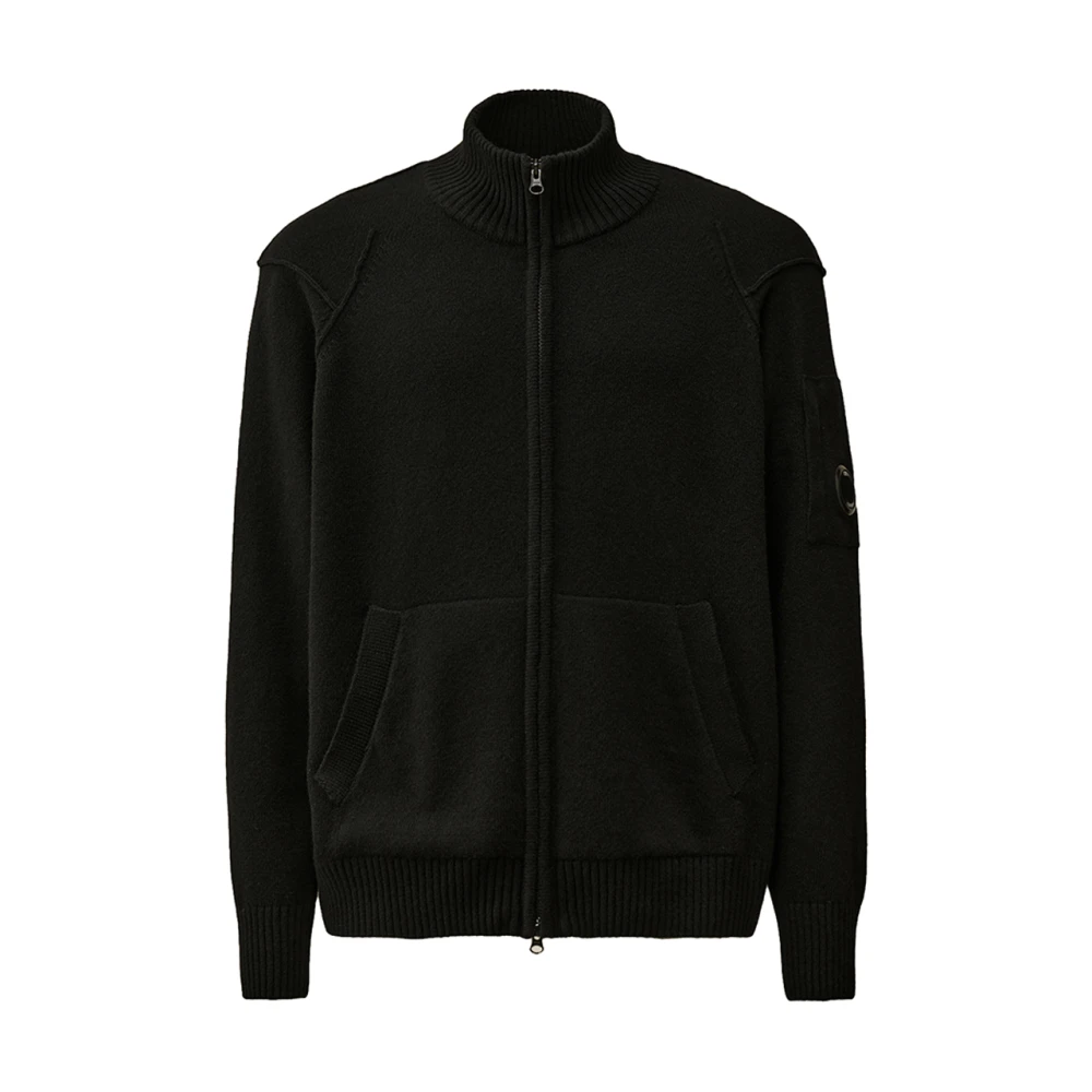 C.p. Company Svart Lamull Cardigan Med Hel Dragkedja Black, Herr