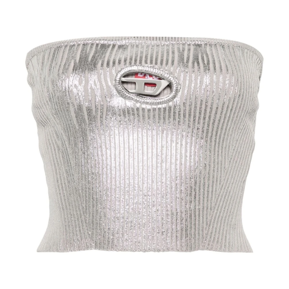 Diesel Zilveren Gelamineerde Bandeau Top met Metalen Ovaal D Logo Gray Dames