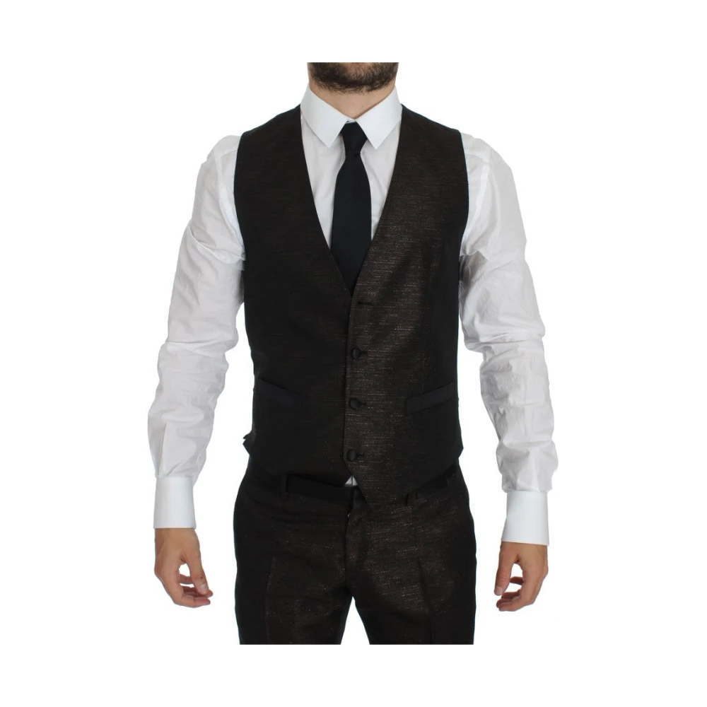 Dolce & Gabbana Luxe Bruin Zwart Glanzend 3-Delig Slim Fit Smoking Brown Heren