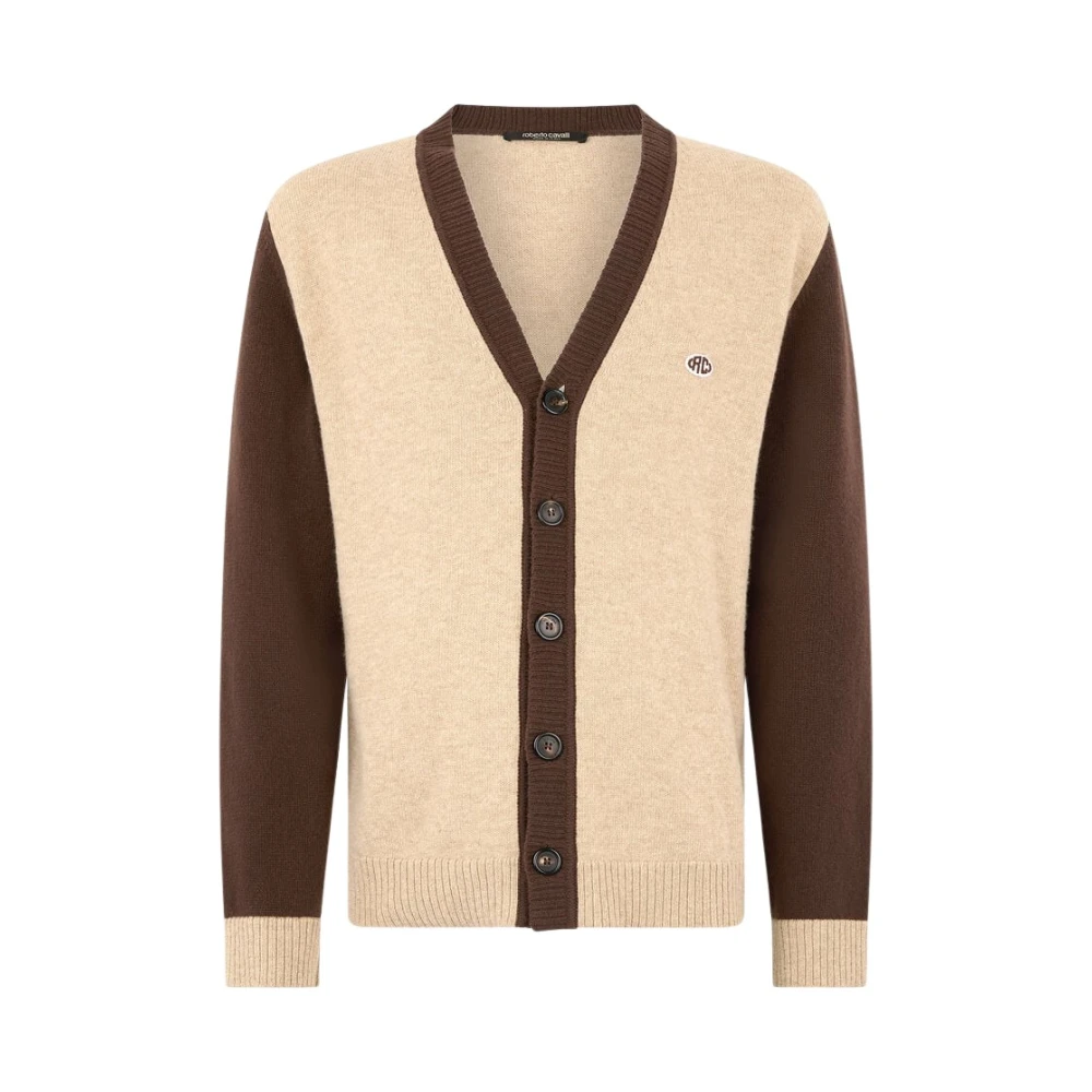 Roberto Cavalli Men's Brown Monogram Wool Cashmere V-Neck Cardigan - Cardigans - L - Knitwear