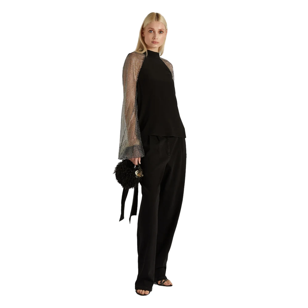 Genny Elegante top met wijde mouwen van mesh met strass Black Dames