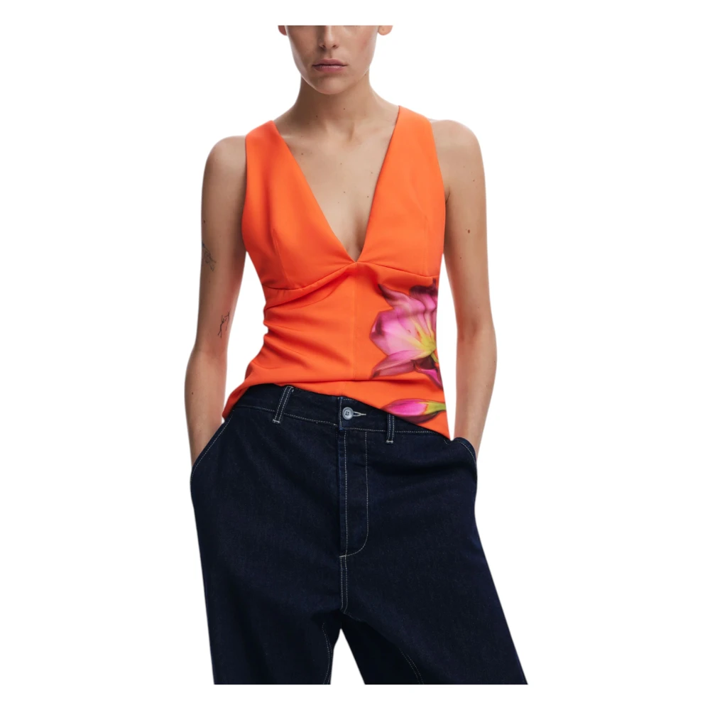 Desigual Bloemen V-hals Mouwloze Top Orange Dames