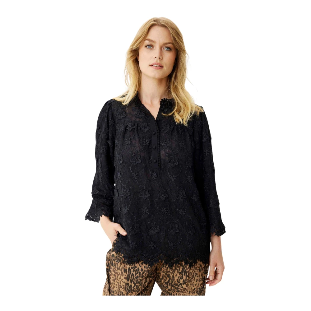 IN Front Geborduurde 3 4 Mouw Zwarte Blouse Black Dames