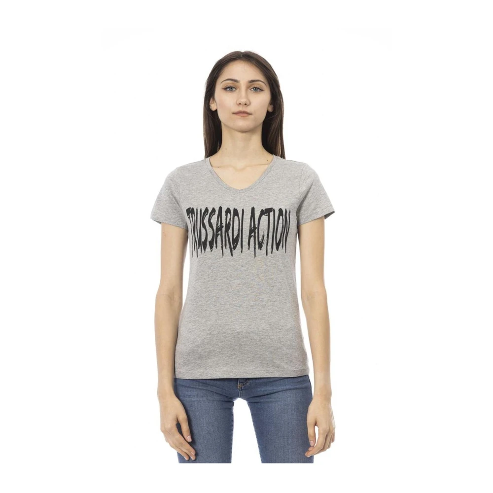 Trussardi Women's Gray T-Shirts, L, Chic Printed V-Neck Tee For Casual Elegance