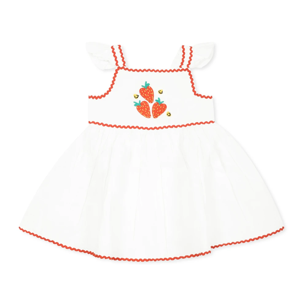 Stella Mccartney Girls White Dresses, 12 M, Linen Dress With Strawberry Embroidery