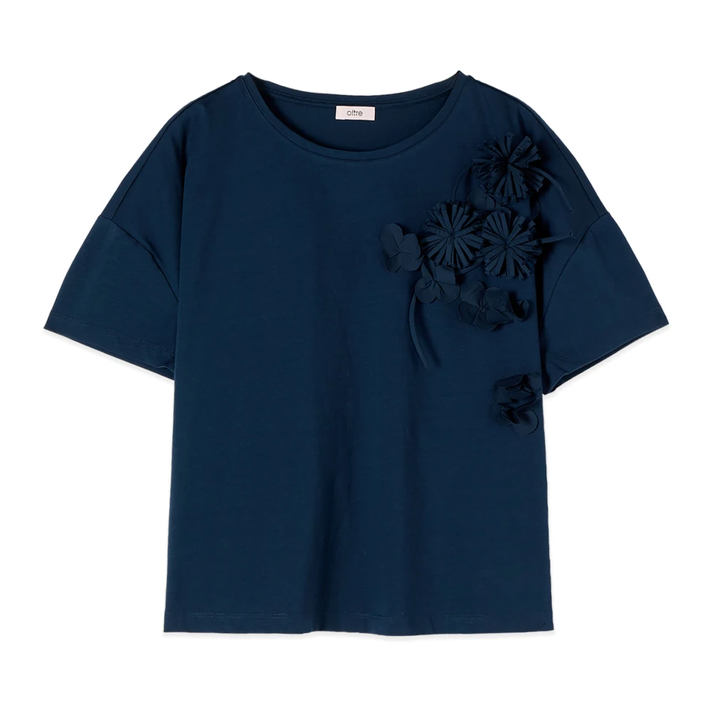 Oltre Vrouw Blauw Tops Dames, Xl, Katoen, T-Shirt Met Bloemenapplicaties