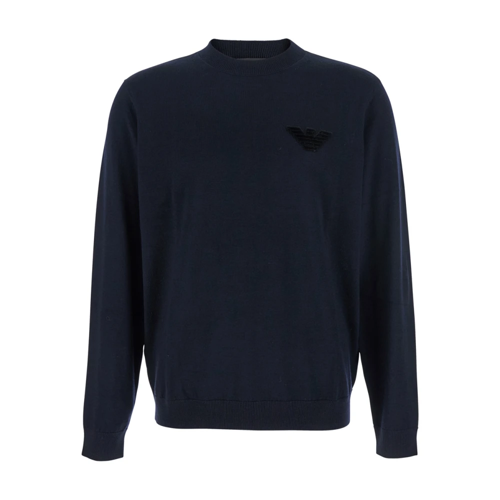 Emporio Armani Men's Blue Crewneck Logo Sweater In Wool