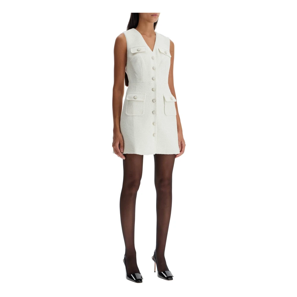 Self Portrait Bouclé Mini Jurk met Diamanten Knopen White Dames
