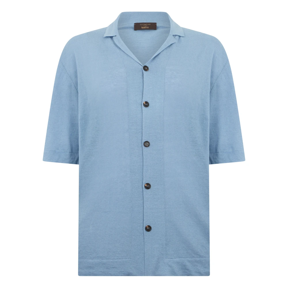 Slowear Men's Blue Short Sleeve Shirts, Xl, Short-Sleeved Linen And Cotton Shirt