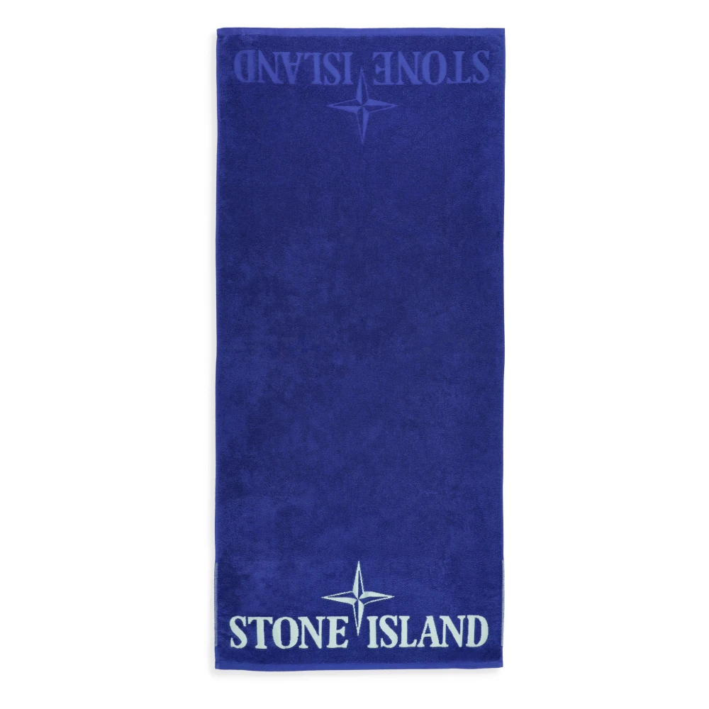Stone Island Blå Bomull Strandhandduk med Kontrasterande Logotyp Blue, Herr
