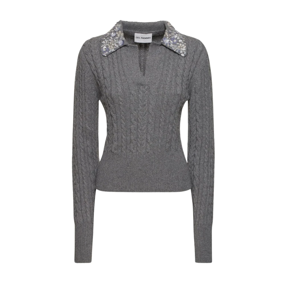 DES Phemmes Trui met strass kraag en kabelbreisel Gray Dames