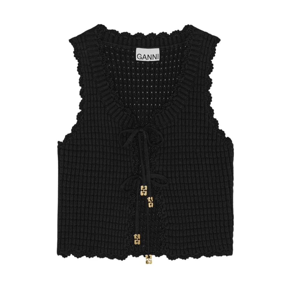 Ganni Women's Black Textured Lace Top Elegant Sleeveless - Cardigans - M - Knitwear