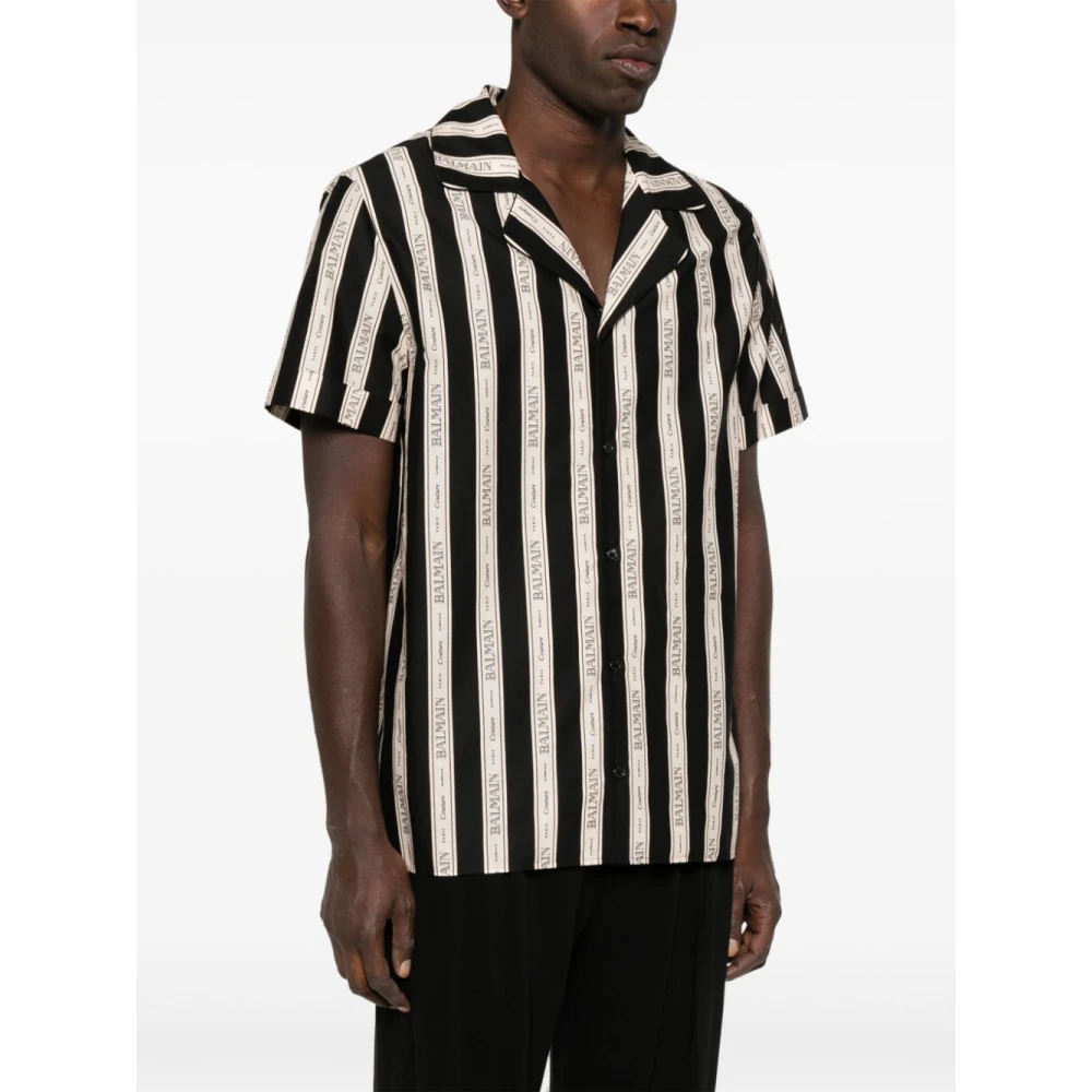 Balmain Gestreept Zwart Shirt Korte Mouwen Knoop Black Heren