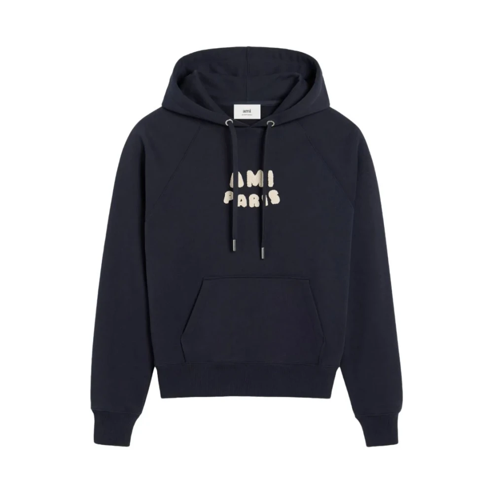 Ami Paris Navy Blue Logo Print Hoodie Blue, Herr