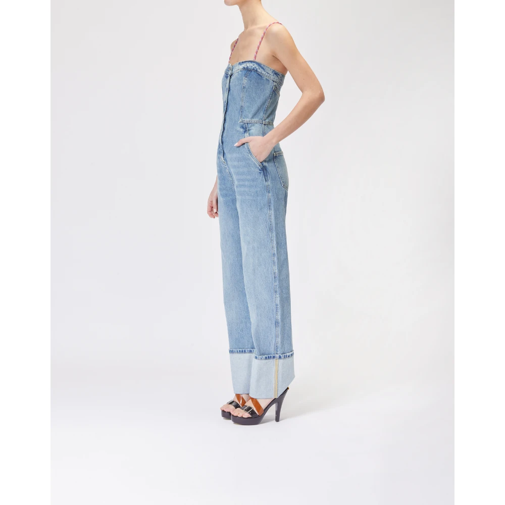 Moschino Denim Cargo Jumpsuit met Roze Trekkoorden Blue Dames