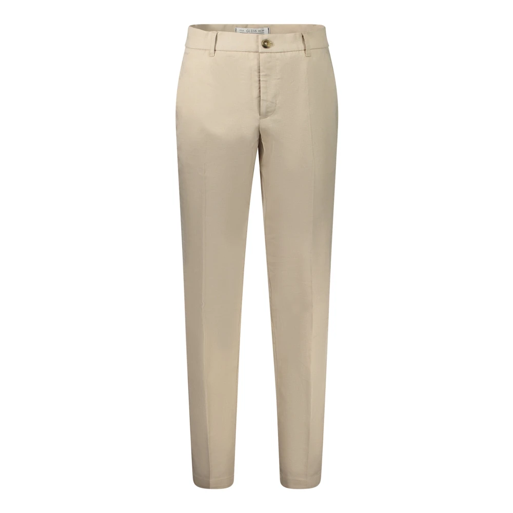 Guess Beige Herenbroek 4 Zakken Knoop en Rits Logo Beige Heren