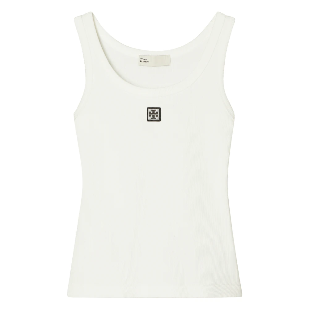 Tory Burch Women's White Sleeveless Tops, M, Cotton Scoop Tank