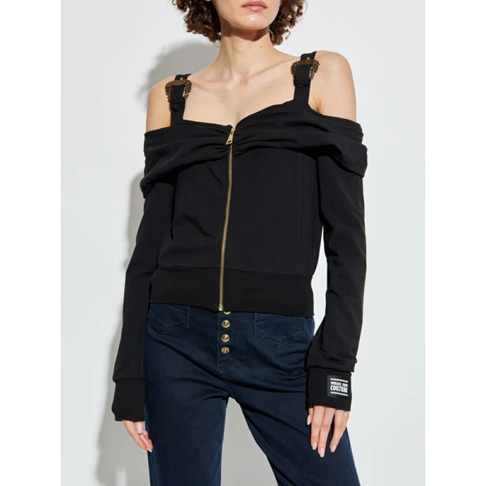 Versace Jeans Couture Zwarte Logo Gesp Sweatshirt met Rits Black Dames