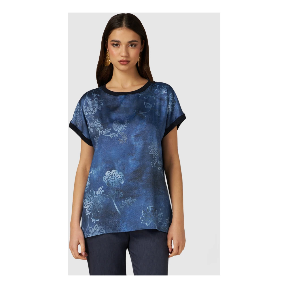 Oltre Satin korte mouwen blouse met Lurex randen Blue Dames